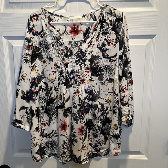 Dalia Tops - Dalia Blouse Womens 1X Floral Multicolored 3/4 Sleeve Boho Artsy Abstract